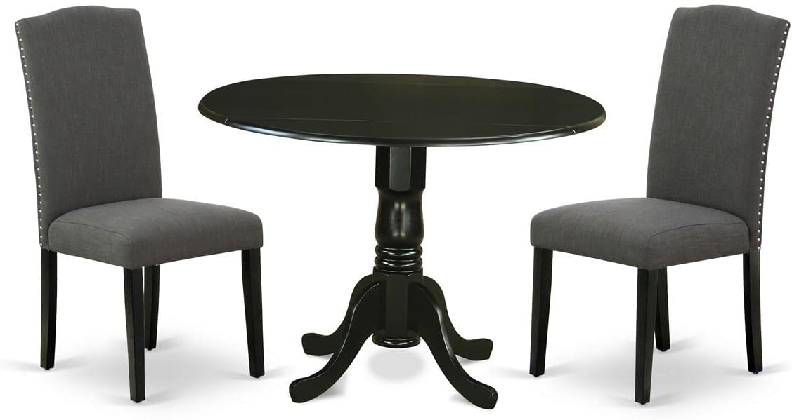 East West Furniture DLEN3-BLK-20 3 Piece Modern Dining Table Set Contains a Round Wooden Table with Dropleaf and 2 Dark Gotham Linen Fabric Upholstered Chairs, 42x42 Inch, Black