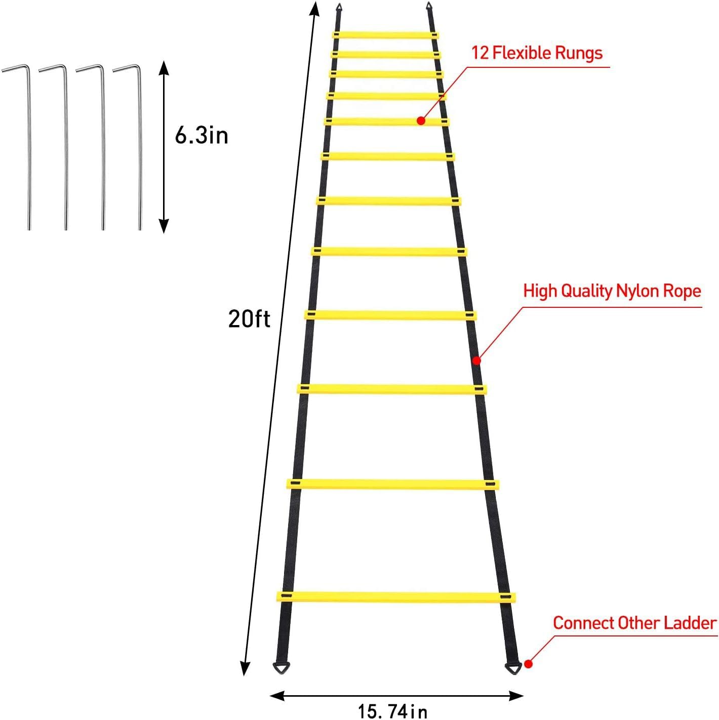 Pro Speed & Agility Training Set—Includes 12 Rung 20ft Adjustable Agility Ladder with Carrying Bag, 12 Disc Cones, 4 Steel Stakes, 1 Resistance Parachute, Use Equipment to Improve Footwork Any Sport