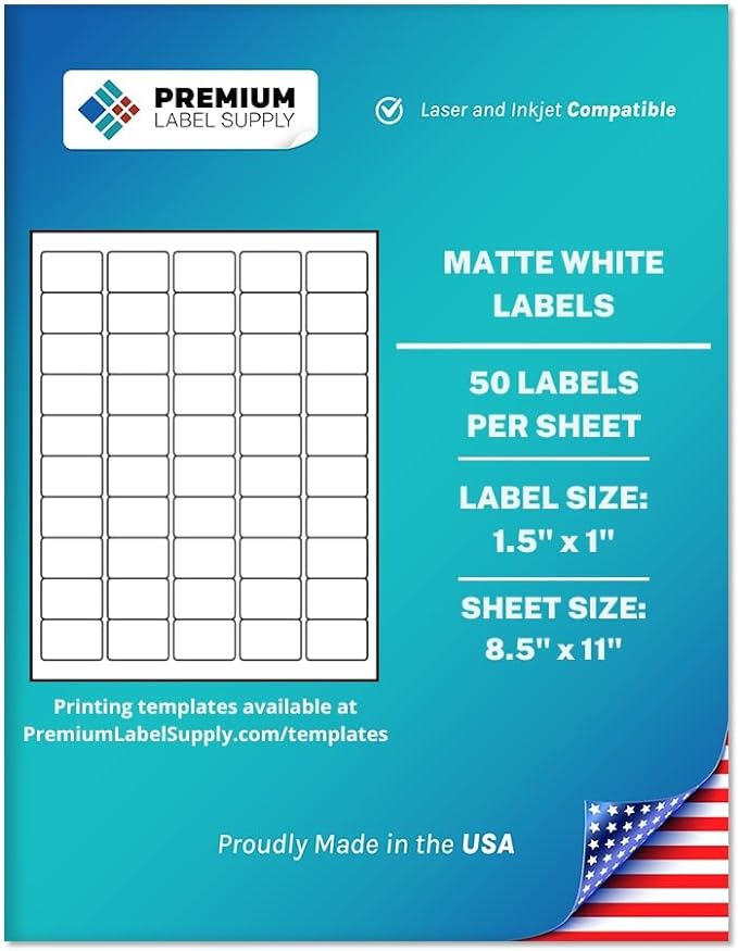 Premium Label Supply White Sticker Barcode Labels – 1.5" x 1" – Laser/Inkjet Compatible – (50 per Sheet), 500 Sheets – 25,000 Total Adhesive Labels