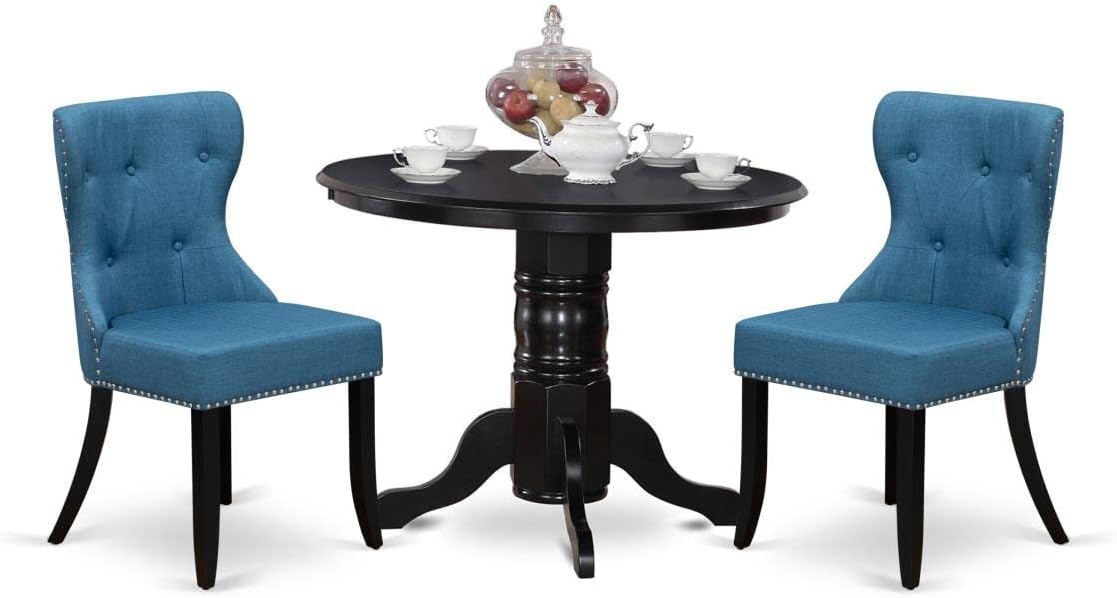 East West Furniture SHSI3-BLK-21 3 Piece Kitchen Table Set for Small Spaces Contains a Round Dining Table with Pedestal and 2 Blue Linen Fabric Parson Chairs, 42x42 Inch, Black