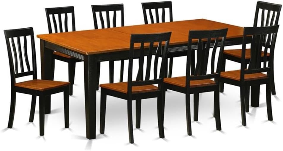 East West Furniture QUAN9-BCH-W 9 Piece Kitchen Table & Chairs Set Includes a Rectangle Dining Room Table with Butterfly Leaf and 8 Solid Wood Seat Chairs, 40x78 Inch, Black & Cherry