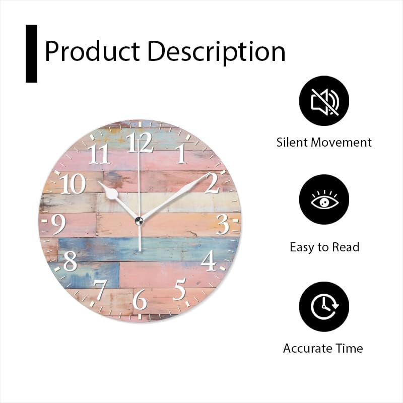 Plank Wall Clock Non-Ticking Silent Clocks Battery Operated Analog Decor Clock for Home-Colorful Pastel Pink Wooden Wall(10inch)