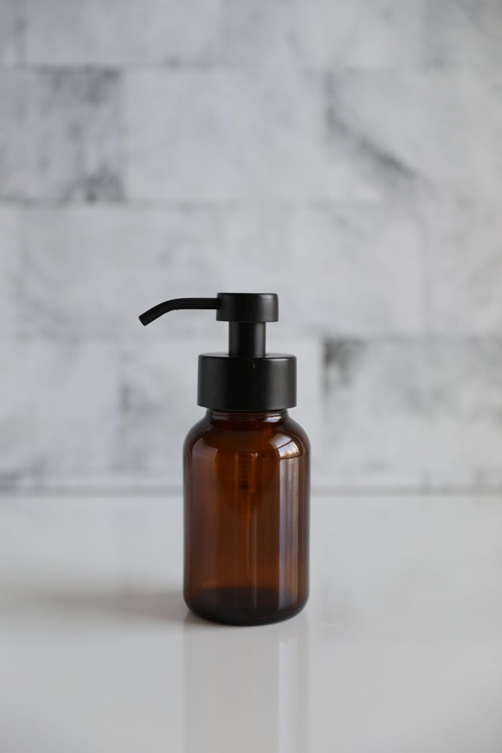 Rail19 Amber Glass Apothecary Foaming Soap Dispenser with Metal Pump - for Kitchen and Bathroom Countertop, 8.5oz (Black)