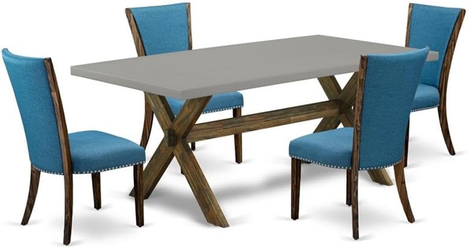 East West Furniture X797VE721-5 5 Piece Dining Table Set Includes a Rectangle Dining Room Table with X-Legs and 4 Blue Color Linen Fabric Parsons Chairs, 40x72 Inch, Multi-Color