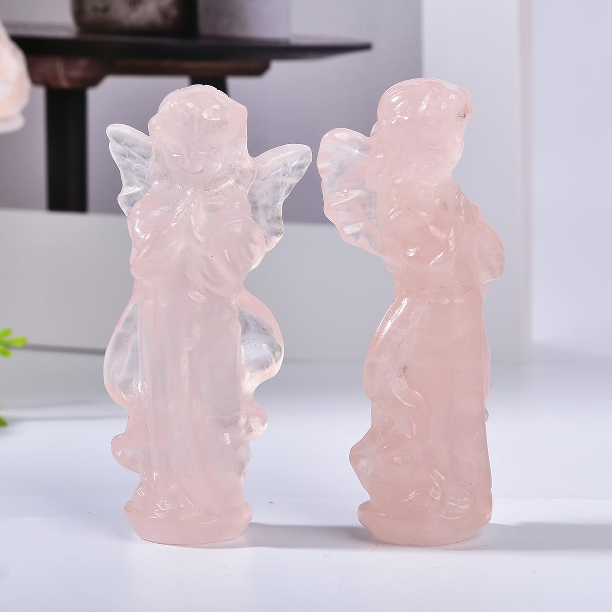 JIC Gem 3.9 Inch Rose Quartz Prayer Angel Healing Crystal Guardian Angel Figurine Pink Hand Carved Gemstone Statue 1pc