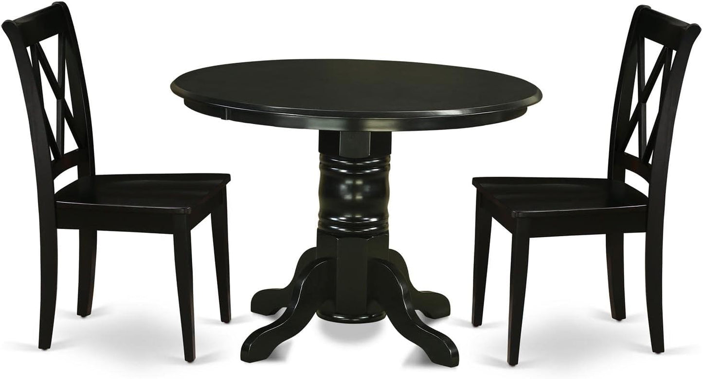 East West Furniture SHCL3-BLK-W 3 Piece Dining Table Set for Small Spaces Contains a Round Kitchen Table with Pedestal and 2 Dining Room Chairs, 42x42 Inch, Black