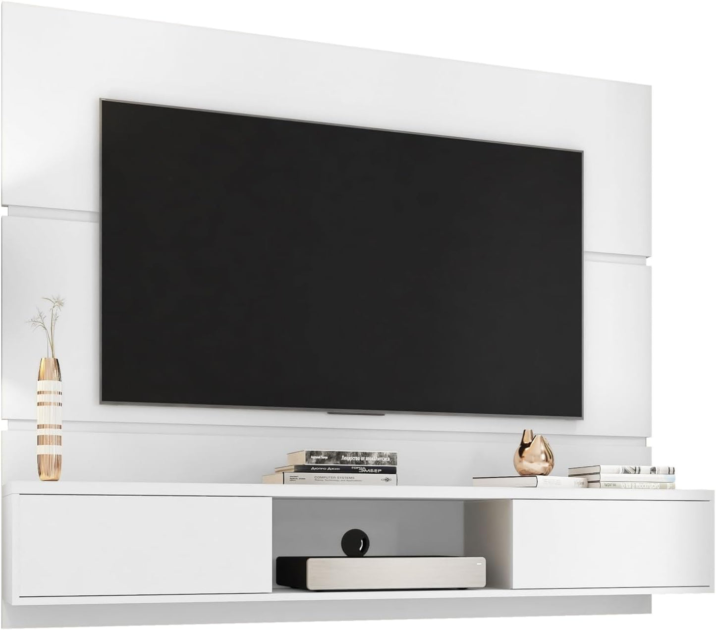 Manhattan Comfort Vernon 62" Floating Entertainment Center, Wall Mounted TV Stand for 55'' Television with Concealed & Open Storage, Hole for Cable Management, White