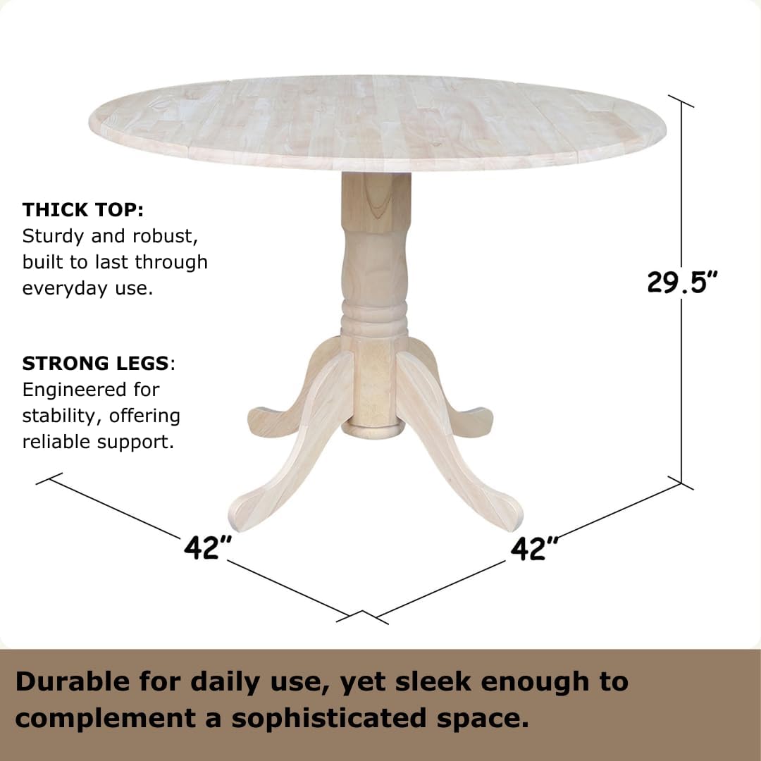 IC International Concepts, Round Dual Drop Leaf Pedestal Dining Table, Solid Real Wood, Sturdy Parawood, Dimensions 42"D x 42"W x 29.5"H, 40lbs Capacity, Paint/Stain Ready, Unfinished