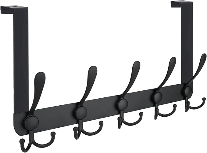 TICONN Over The Door Hooks, 5 Heavy Duty Tri Coat Rack All Metal Coat Hanger for Bathroom Bedroom Dorm (Matte Black, 1PK, Fit 1-3/4" Doors)