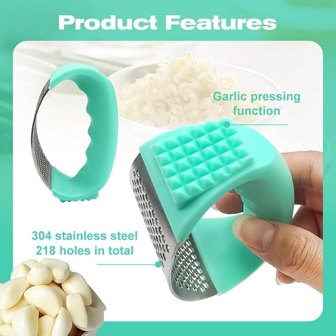 Upgraded Garlic Press Rocker, 2024 New Stainless Steel Garlic Presser, Garlic Mincer Crusher Masher with Peeler and Cleaning Brush, Garlic Chopper for Smash Garlic Kitchen Gadgets Tools (Green)