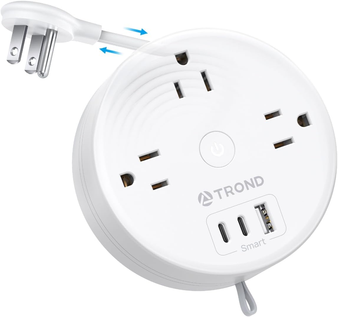 TROND Travel Power Strip - Retractable Extension Cord 5ft Ultra Thin Flat Plug, Retractable Power Strip with 3 AC Outlets 3 USB Ports (2 USB C), Cruise Ship Essentials, for Home Hotel Dorm Room, White
