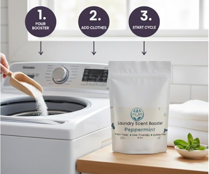 Plant-Based Laundry Scent Booster (Powder) - Peppermint | Invigorating Odor Eliminator, No Residue | Hypoallergenic for Sensitive Skin, Eco-Friendly, Non-Toxic Fabric Freshener | 16 Oz