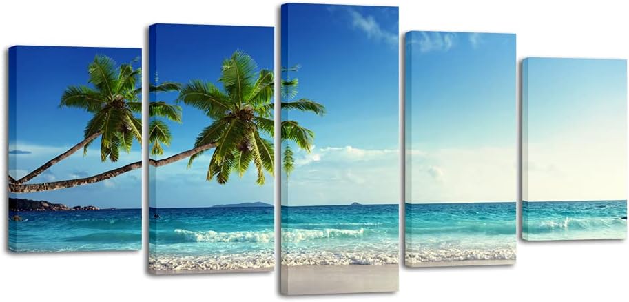 Wieco Art 5 Panels Ocean Sea Beach Canvas Wall Art for Home Decor Blue Sea Artwork Picture Print on Canvas Seascape Wall Decor for Living Room Home Hotel Decorations
