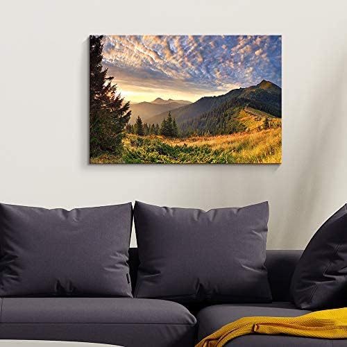 wall26 Canvas Print Wall Art Sunset Over The Golden Mountain Forest Landscape Nature Wilderness Photography Realism Rustic Scenic Green Ultra for Living Room, Bedroom, Office - 32"x48"