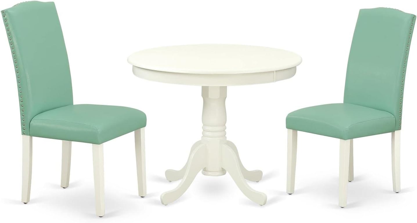East West Furniture ANEN3-LWH-57 3 Piece Dinette Set for Small Spaces Contains a Round Kitchen Table with Pedestal and 2 Pond Faux Leather Parson Dining Chairs, 36x36 Inch, Linen White