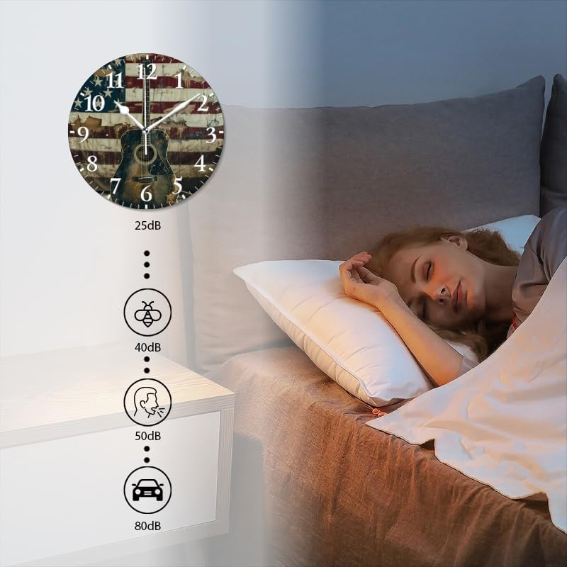 Guitar Wall Clock Non-Ticking Silent Clocks Battery Operated Analog Decor Clock for Home-Acoustic Guitar Leaning Against Old American Flag(14inch)