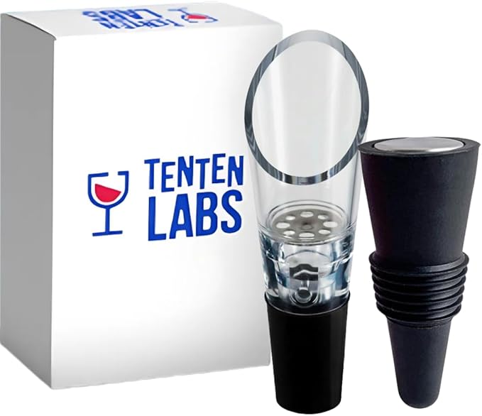 TenTen Labs Premium Wine Aerator Pourer and Wine Stopper (2-pack) - Wine Saver - Wine Bottle Stopper - Gift Box Included (Black)