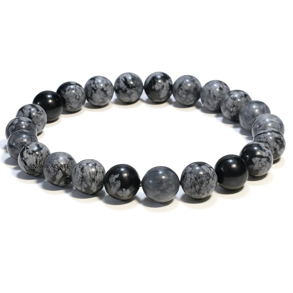 ANAYA AGATE Natural Snowflake Obsidian Bracelet, Healing Crystal Bracelet for Women and Men, 8mm Round Beaded Bracelet for Spiritual, Protection, Positive Energy, Elastic Adjustable Size Gemstone Bead Bracelet