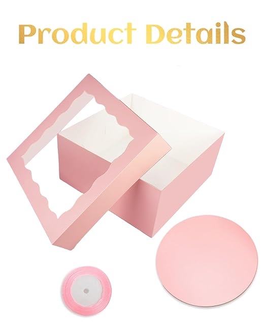 qiqee 12x12x6 Cake Box, 18 Sets Pink Cake Box with Window ＆ 18 Sets 8" Cake Round Boards, 8inch Cake Containers, 10 Meters Silk Ribbon