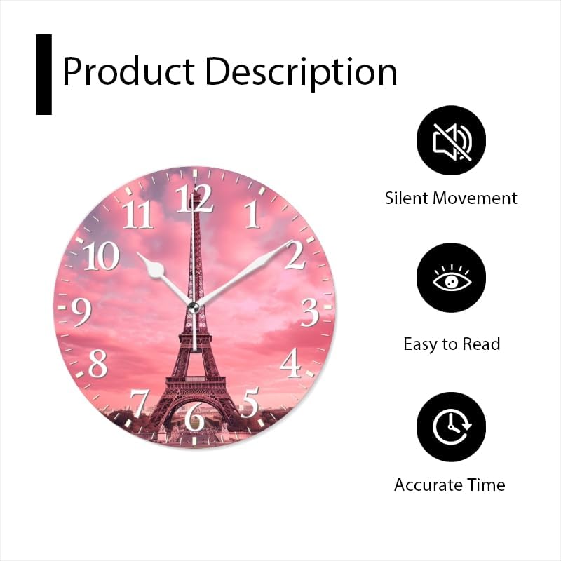 Paris Wall Clock Non-Ticking Silent Clocks Battery Operated Analog Decor Clock for Home-Eiffel Tower with Pink Sky and Pink Clouds(10inch)