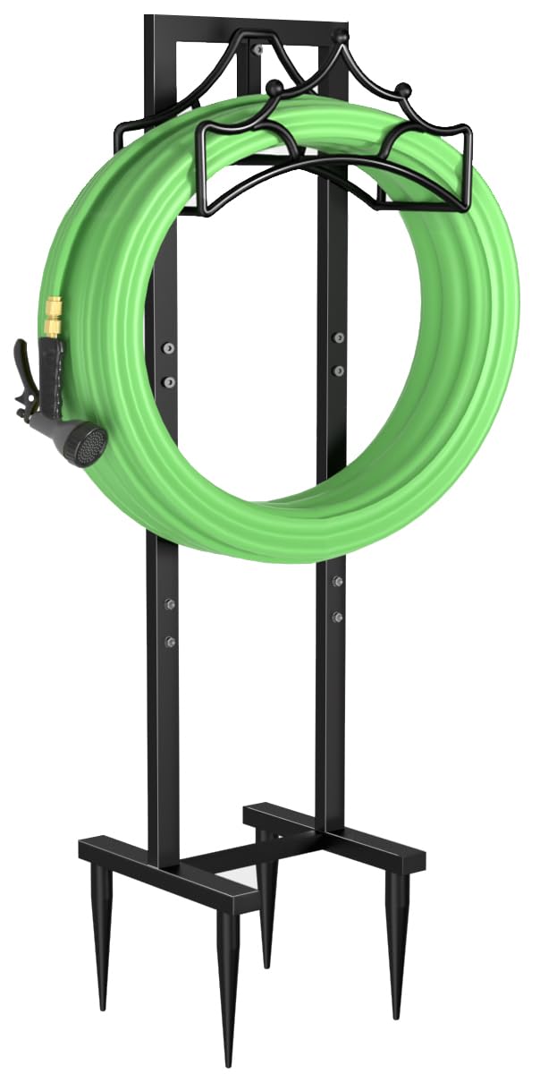 Garbuildman Garden Hose Holder with 4 Spikes, Freestanding Metal Hose Stand for Outdoor Garden, Detachable Hose Storage Rack for Lawn & Yard, Crown Black