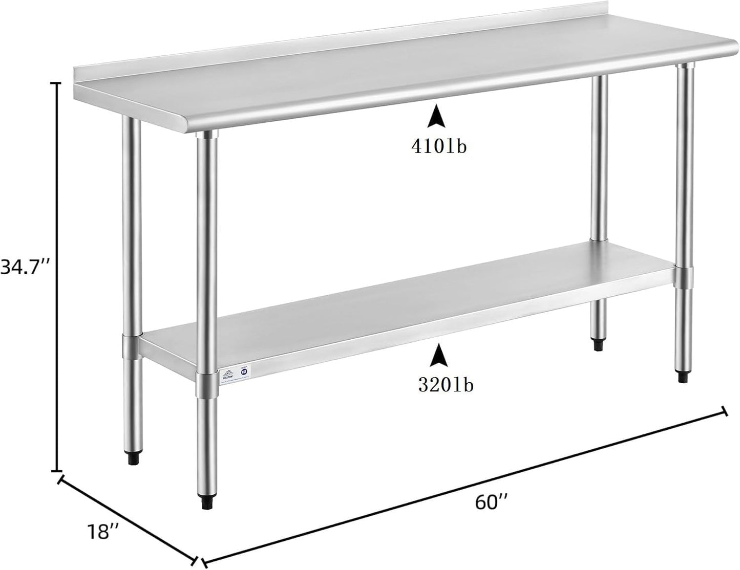 ROCKPOINT Stainless Steel Table for Prep & Work with Backsplash 18x60 Inches, NSF Metal Commercial Kitchen Heavy Duty Table with Adjustable Under Shelf and Table Foot for Restaurant, Home and Hotel