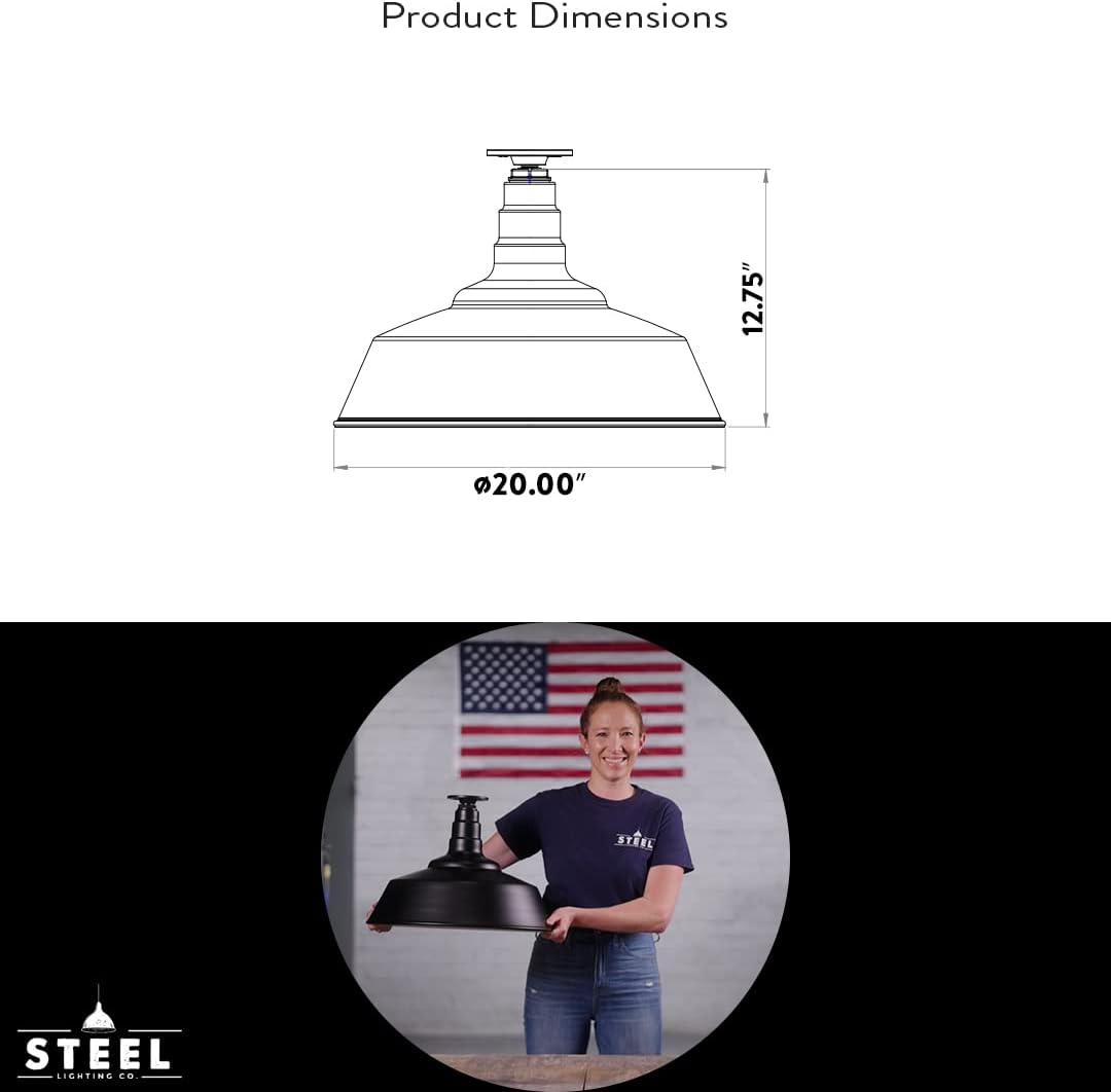 Steel Lighting Co. Manhattan Warehouse Light | Ceiling Mounted Pendant | 20 inch Dome | Flush Mount | Large Steel Barn Light Made in America | Matte Black Exterior/Matte Black Interior
