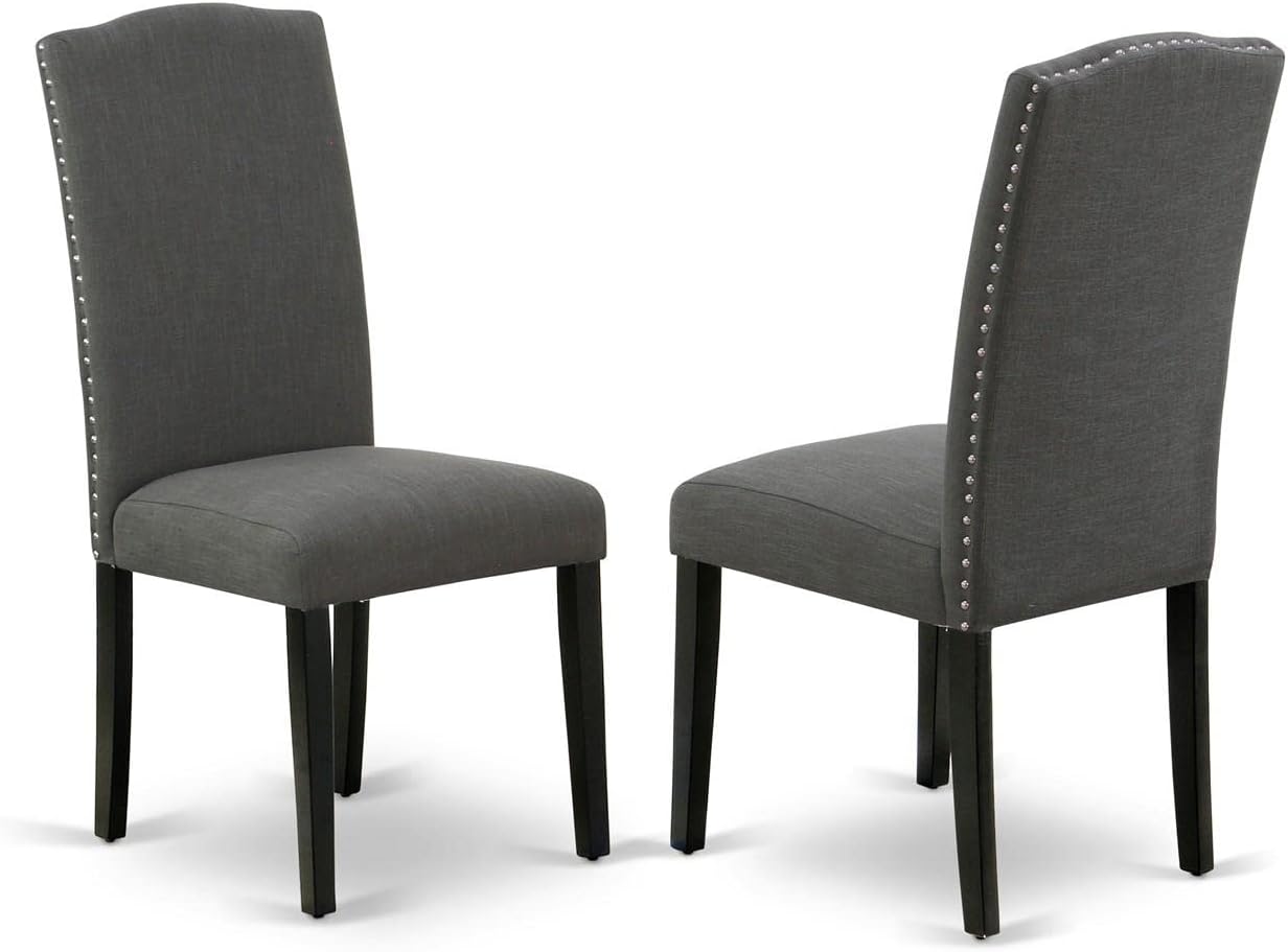 East West Furniture DLEN3-BLK-20 3 Piece Modern Dining Table Set Contains a Round Wooden Table with Dropleaf and 2 Dark Gotham Linen Fabric Upholstered Chairs, 42x42 Inch, Black