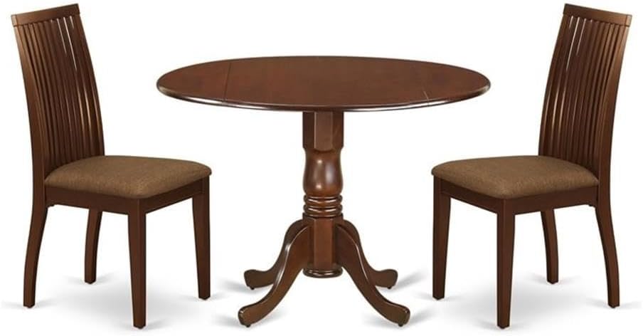 East West Furniture DLIP3-MAH-C 3 Piece Modern Dining Table Set Contains a Round Wooden Table with Dropleaf and 2 Linen Fabric Upholstered Dining Chairs, 42x42 Inch, Mahogany