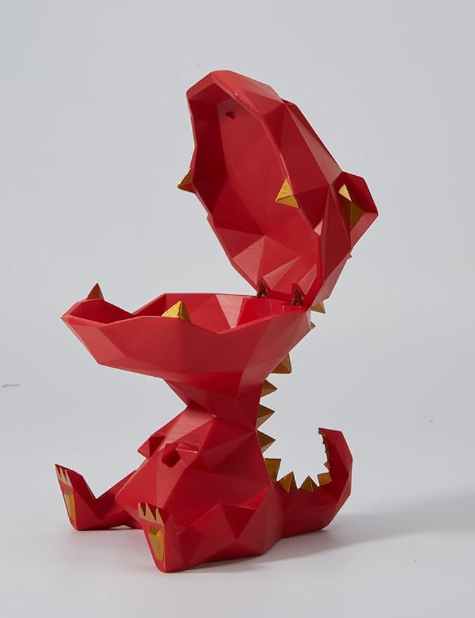 HAUCOZE Dinosaur Statue Candy Dish Key Bowl Dino Gifts Sculpture Modern Home Decor Accessories Pop Arts Polyresin Cookie Jar Red 7.5 inch