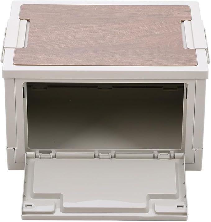 Storage Bin Tote, 55 Qt, Closet Organizer, Collapsible, Wood Lid, 2 Side Doors, Stackable, Plastic (Grey print + wooden lid + roller)