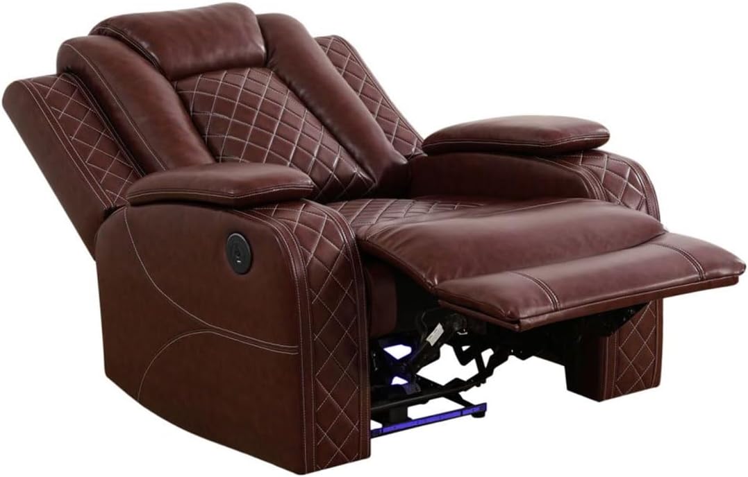 Electric Power Recliner Chair Living Room Furniture, Comfy Wide Lazy Home Theater Breathing Leather Seating with USB 2.0 Charging Ports, LED Light Strips (Red)