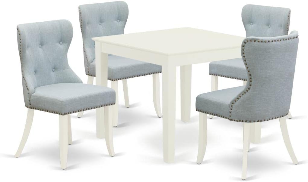 East West Furniture OXSI5-LWH-15 5 Piece Dining Table Set for 4 Includes a Square Kitchen Table and 4 Baby Blue Linen Fabric Upholstered Parson Chairs, 36x36 Inch, Linen White