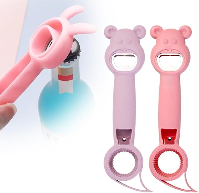 4 in 1 Beer Bottle Opener, 2023 New Multifunction Handheld Can Beer Opener for Jelly Jars Wine Beer Cans Sauce Bottles (Pink+Purple)