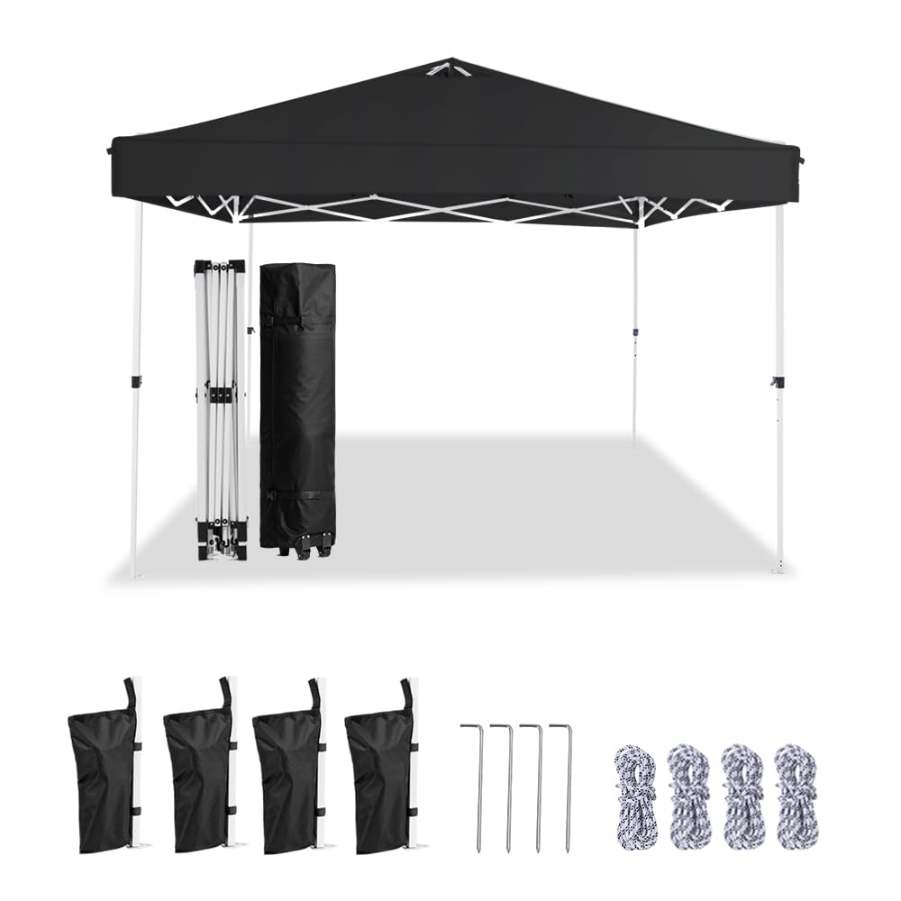 10x10 Pop Up Canopy,Event Tent – One-Person Setup, Waterproof & UV-Blocking, Heavy-Duty Steel Frame, Wheeled Bag & Sandbags – Outdoor Shade for Beach, Camping, Backyard, Tailgate (Black)