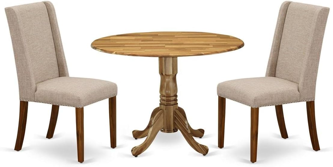 East West Furniture DLFL3-ANA-04 3 Piece Dining Table Set Contains a Round Dining Room Table with Dropleaf and 2 Light Tan Linen Fabric Upholstered Chairs, 42x42 Inch, Natural