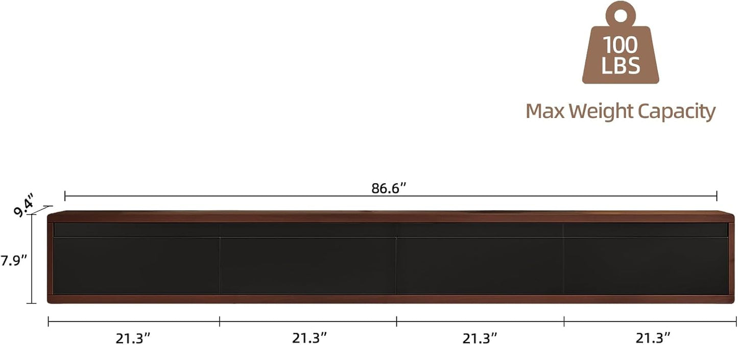 Floating TV Stand Matte Finish, 86'' Wall-Mounted TV Cabinet,Floating TV Console,Under TV Shelf with 3 Doors for Living Room Bedroom(Walnut+Black)