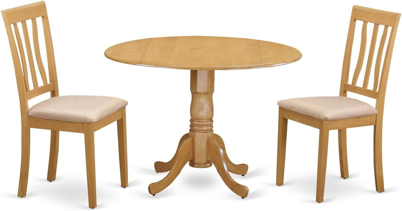 East West Furniture DLAN3-OAK-C 3 Piece Kitchen Table & Chairs Set Contains a Round Dining Room Table with Dropleaf and 2 Linen Fabric Upholstered Dining Chairs, 42x42 Inch, Oak