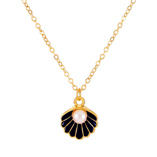 Seashell Pearl Pendant Necklace Gold Plated Boho Enamel Pink Blue Scallop Sea Shell Starfish Ocean Animal Chain Necklace for Women Hawaiian Summer Beach Holiday Fashion Jewelry Gifts (Black)