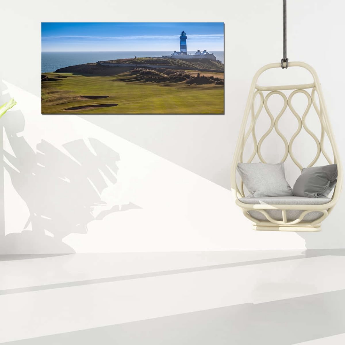 Lighthouse Golf Pictures Landscape Panoramic Picture Office Home Decor Sport Themed Landmark Golfing Field for Living Room Wall Art Framed Large Size 24x48inch