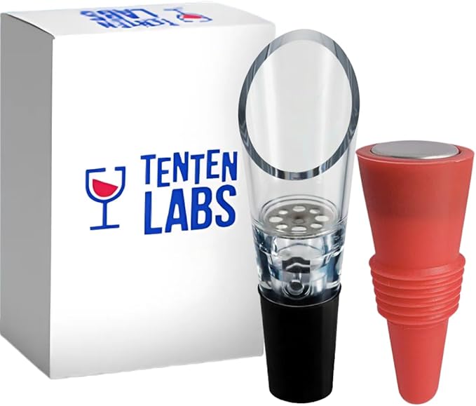 TenTen Labs Premium Wine Aerator Pourer and Wine Stopper (2-pack) - Bottle Stopper - Comes with Gift Box (Red)