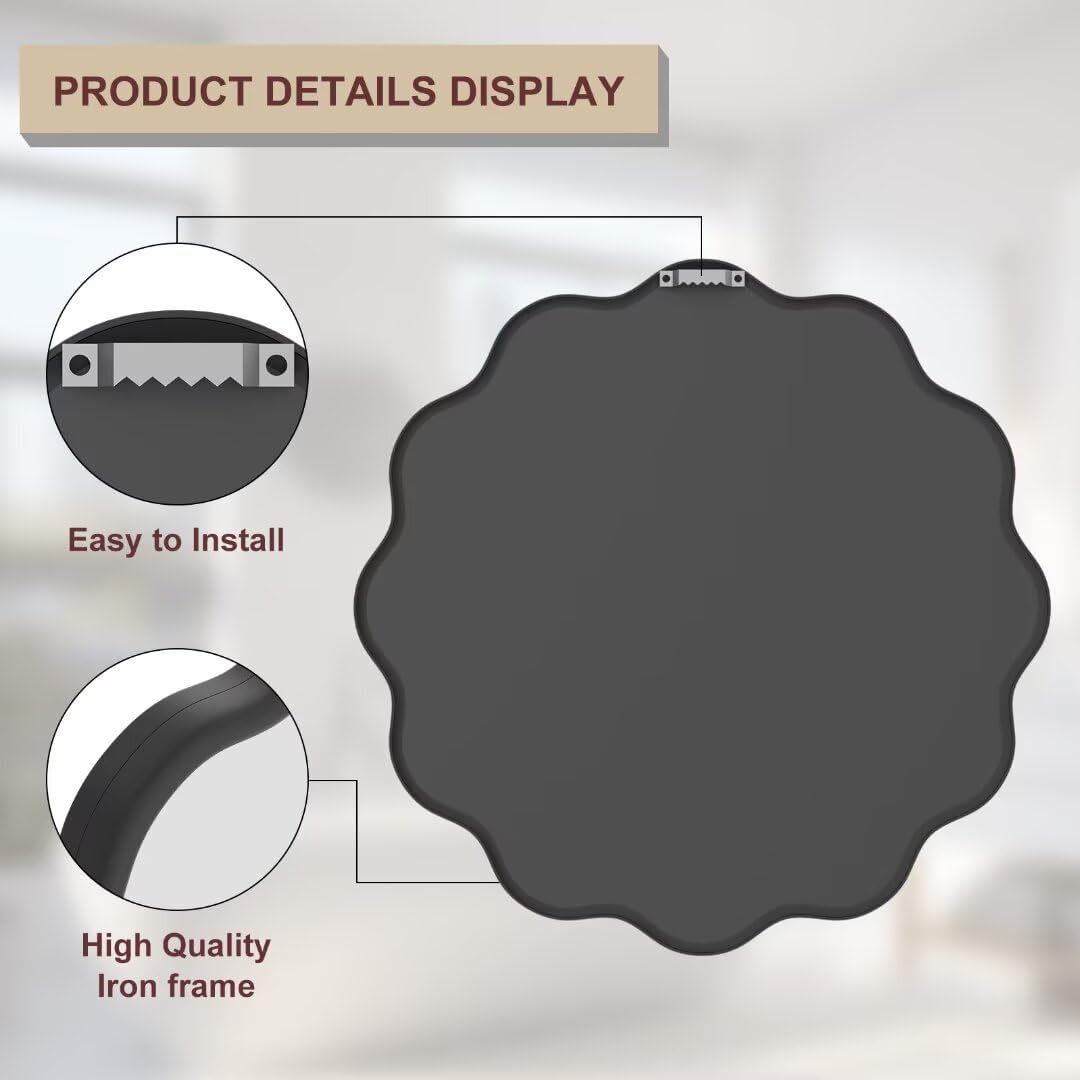 PROHOMEWARE Black Round Mirror 20 Inch Wavy Bathroom Vanity Mirror Black Frame Modern Wall Mirror Decorative Wall-Mounte Anti-Rust, Tempered Glass