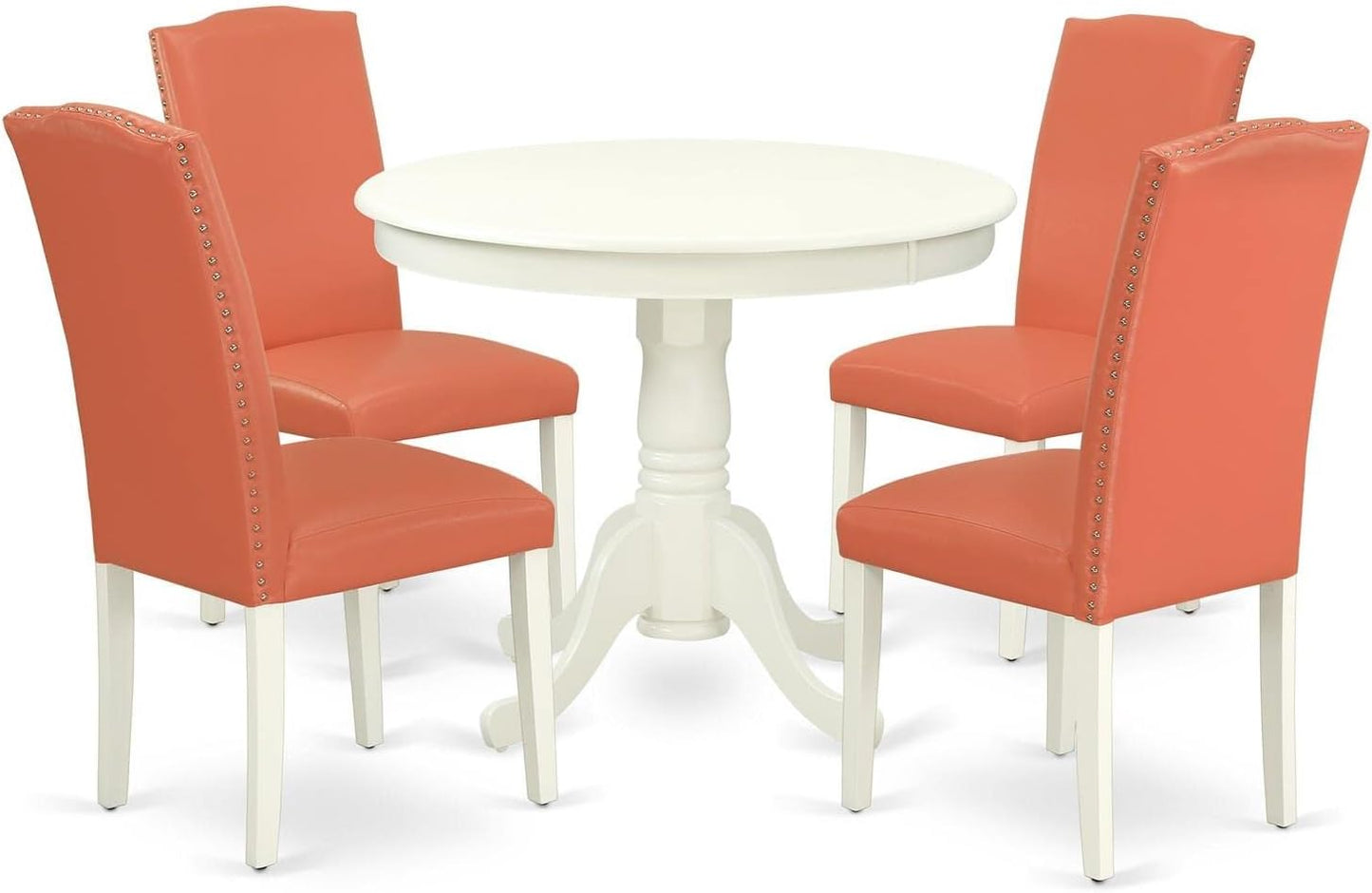 East West Furniture ANEN5-LWH-78 5 Piece Modern Dining Table Set Includes a Round Kitchen Table with Pedestal and 4 Pink Flamingo Faux Leather Parson Dining Chairs, 36x36 Inch, Linen White