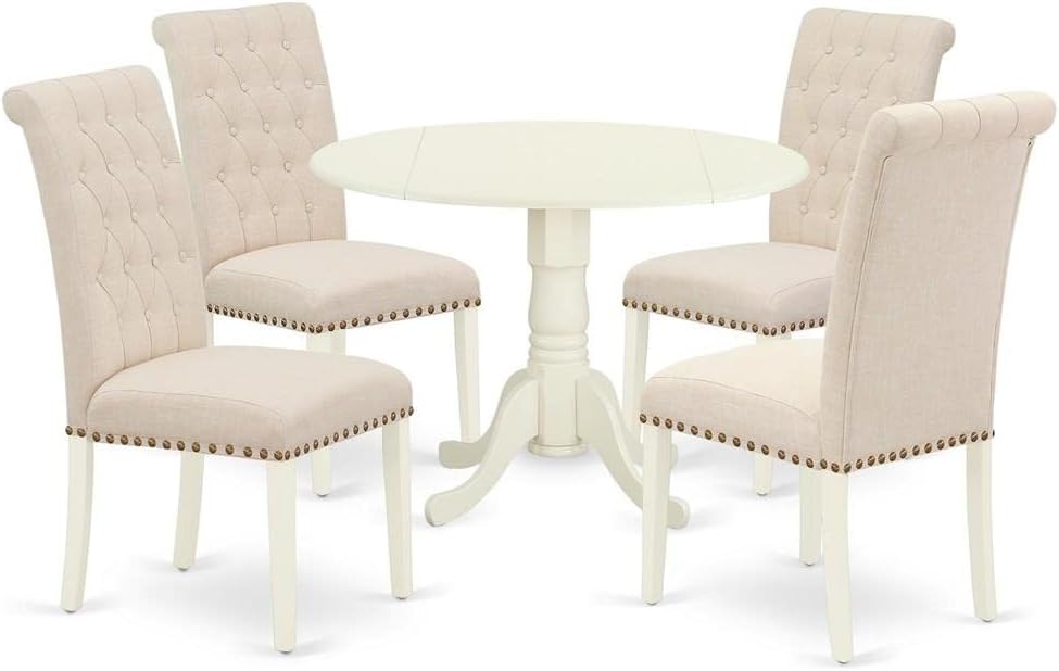 East West Furniture DLBR5-WHI-02 5 Piece Dining Table Set for 4 Includes a Round Kitchen Table with Dropleaf and 4 Light Beige Linen Fabric Upholstered Chairs, 42x42 Inch, Linen White