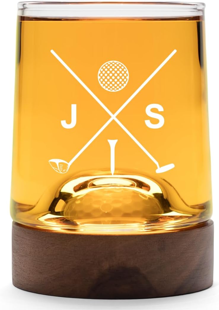 Personalized golf ball coaster and whiskey glasses and whiskey glasses: Golf accessories for men and women golfers; Cool holiday basket (1 Glass, Personalized)