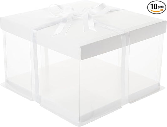 Restaurantware-Sweet Vision 10 Inch x 8.25 Inch Transparent Cake Boxes, 10 Grease Resistant Base Clear Cake Boxes - White Lid, Gray Ribbon, Plastic Birthday Box, For Weddings Or Birthdays