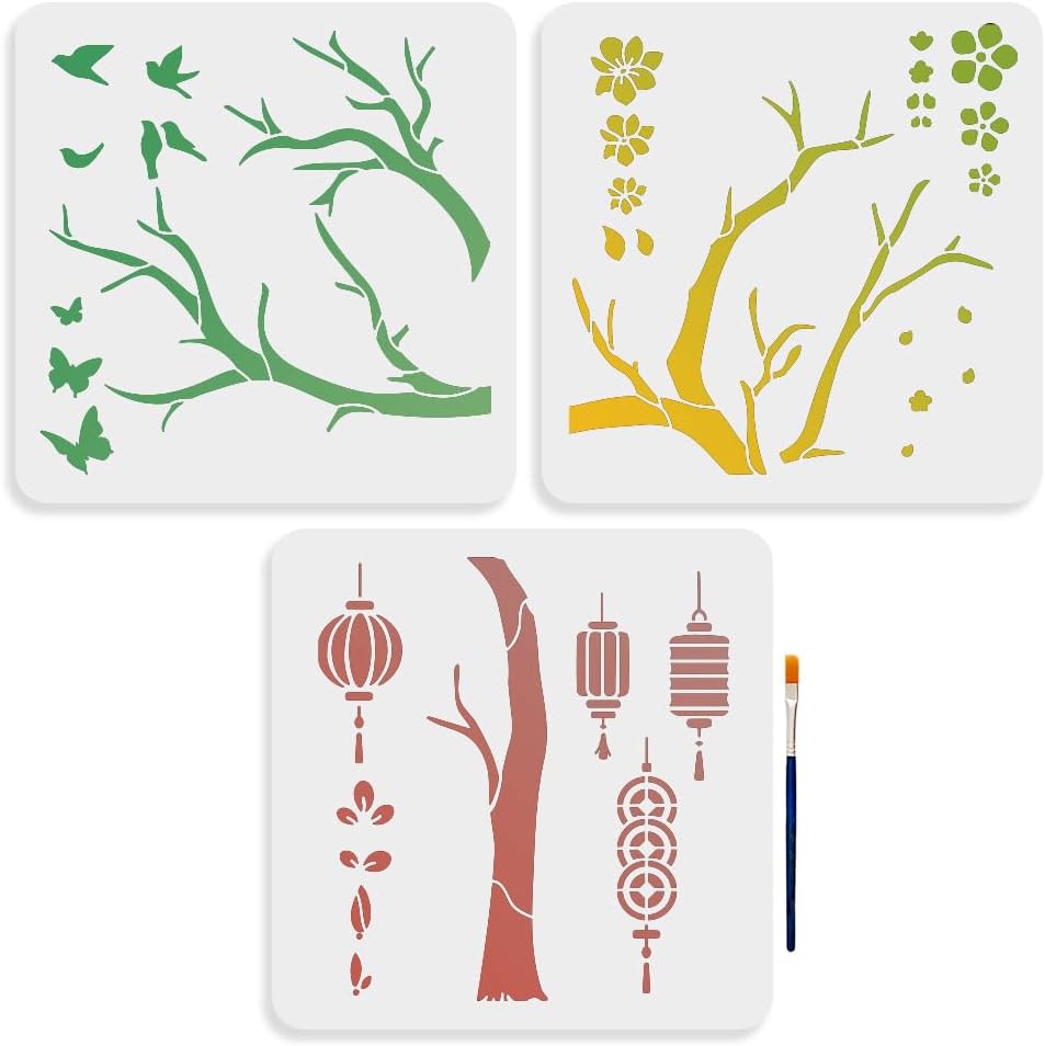 MAYJOYDIY 3pcs Chinese Style Tree Stencil 23.7×22 Splicing Large Traditional Flower Birds Tree Stencils with Paint Brush Spring Peach Blossom Lantern 11.8×11.8inch Template for Wood Walls Art Craft