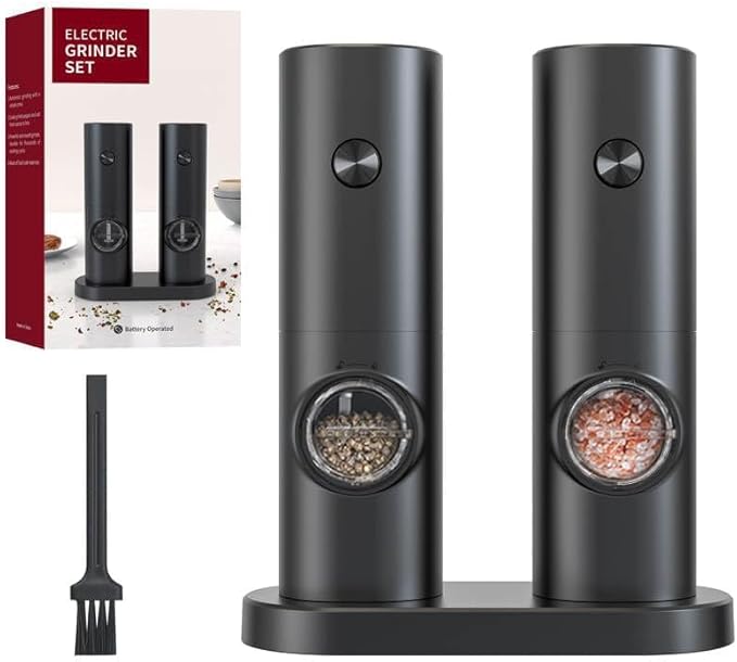 Generic Electric Salt and Pepper Grinder Set - Automatic Salt Pepper Mill Grinder with Adjustable Coarseness- Rechargeable Spice Shakers for Kitchen (Set of 2), Standard Size, Black, KYMQ-14