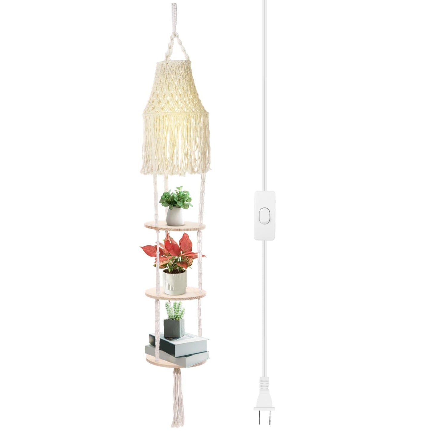 3-Tier Macrame Lampshade & Plant Hanger, Bohemian Hanging Lamp Plant Shelf, Plug-in Pendant Light Hanging Rope Shelf, Floating Round Flower Pot Holder, Bohemian Home Decor (Not Included Lamp)