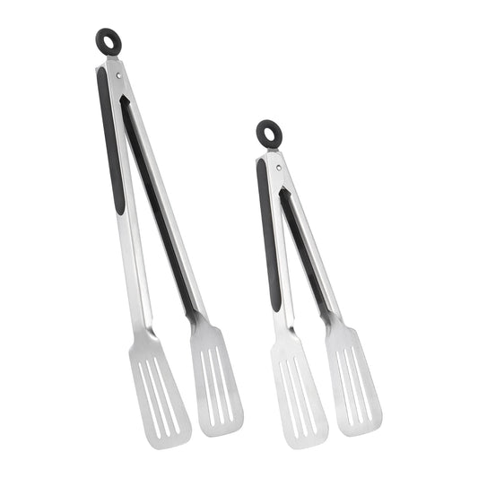 Lebabo Metal Tongs for Cooking, Set of 2 Stainless Steel Spatula Tongs for Grilling, Cooking and Flipping, Strong Grip for Ribs, Steak and Fish, Comfortable Grip, Easy Pull Lock, 9 inch & 12 inch